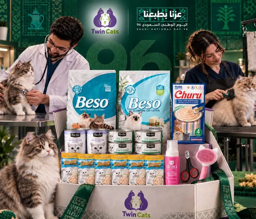 عيادة توين كاتس في اليوم الوطني 96 — صندوق الباقة السنوية مع طعام جاف ورمل وعلب وأكياس رطبة وتريتس وأدوات عناية، وقطة تابي أمام الصندوق